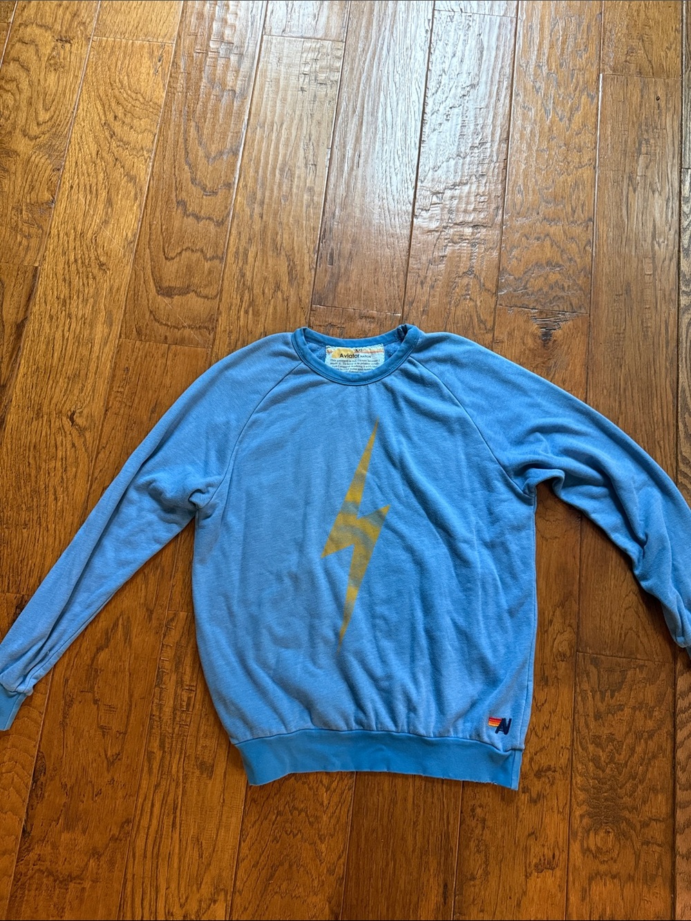 Aviator Nation Light Blue Crewneck with Gold Lightning Bolt